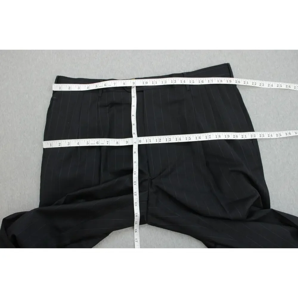 Jos A Bank Suit Mens 48L Black Pinstripe 100% Wool Pants Cuffed Pleated 38 x 30